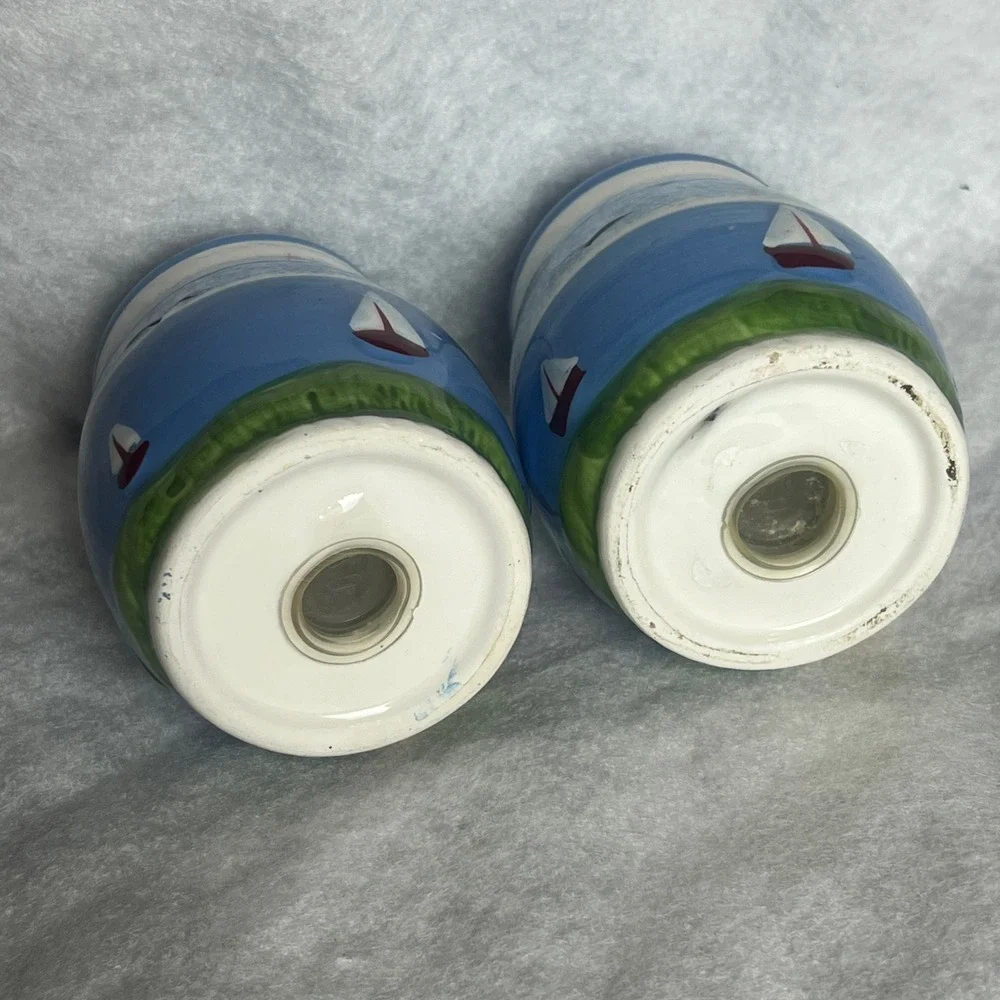 Nautical Lighthouse Sailboat Ceramic Salt and Pepper Shaker Set Coastal Blue